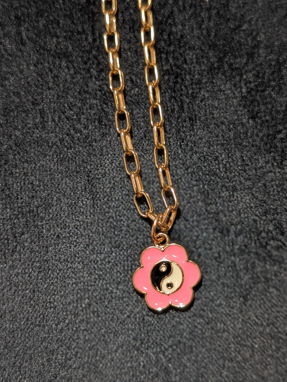 Gold Tone Chain Necklace with Pink Flower Yin Yang Pendant